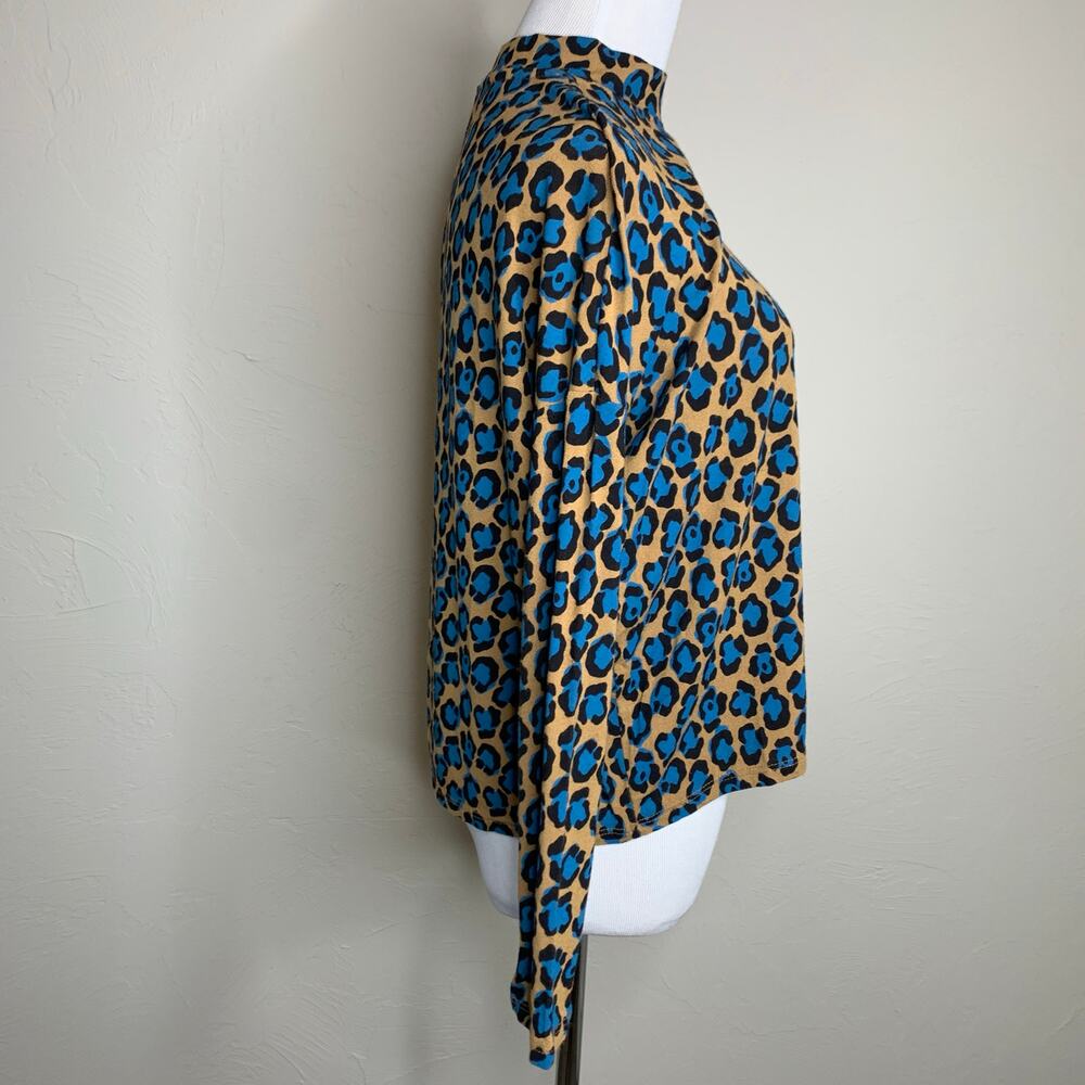 Topshop Cheetah Mock Neck Shirt Camel Black and Turquoise Sz 4 - Picture 4 of 8